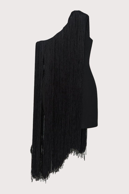 Aimee One Shoulder Fringe Mini Dress - Black