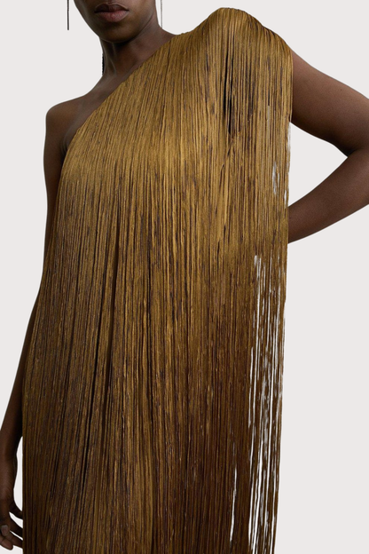 Aimee One Shoulder Fringe Mini Dress - Gold