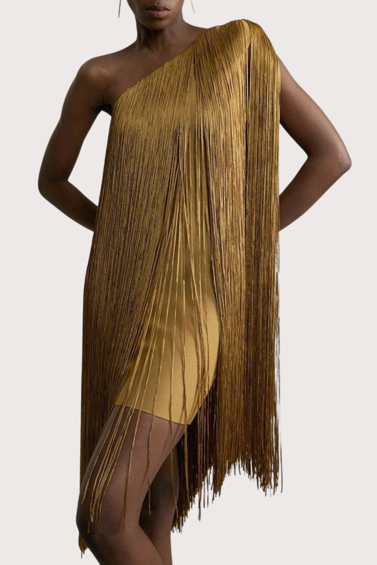 Aimee One Shoulder Fringe Mini Dress - Gold