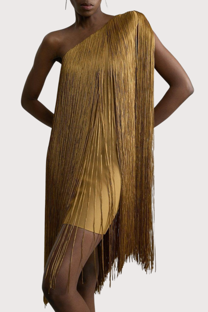 Aimee One Shoulder Fringe Mini Dress - Gold