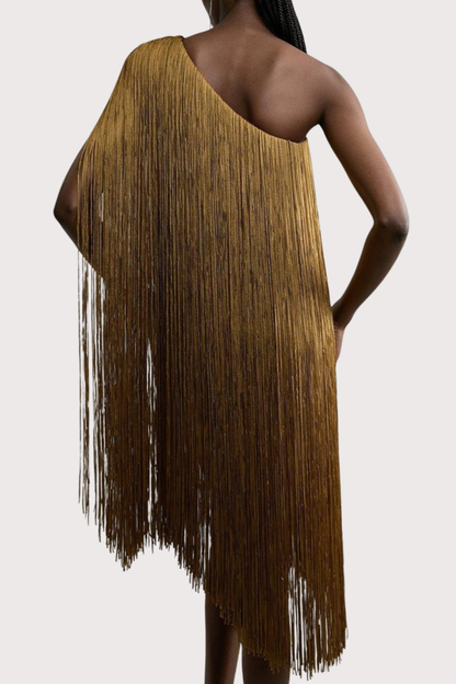 Aimee One Shoulder Fringe Mini Dress - Gold