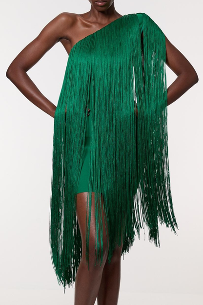 Aimee One Shoulder Fringe Mini Dress - Green