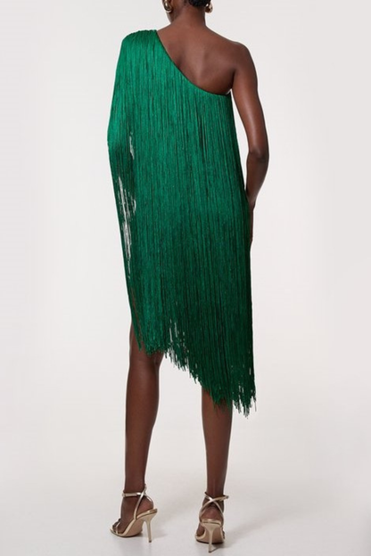 Aimee One Shoulder Fringe Mini Dress - Green