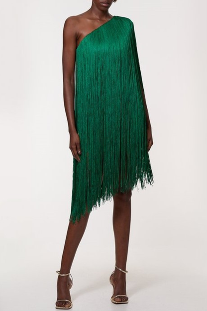 Aimee One Shoulder Fringe Mini Dress - Green