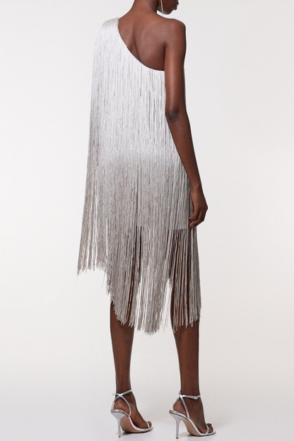 Aimee One Shoulder Fringe Mini Dress - Silver