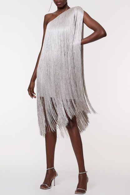 Aimee One Shoulder Fringe Mini Dress - Silver