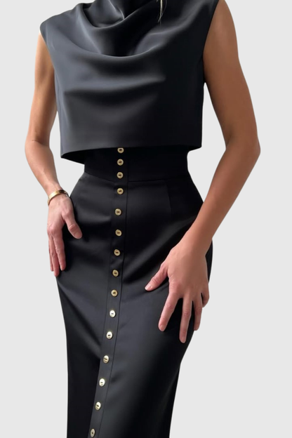 Airlie Satin Top & Buttoned Skirt Set - Black