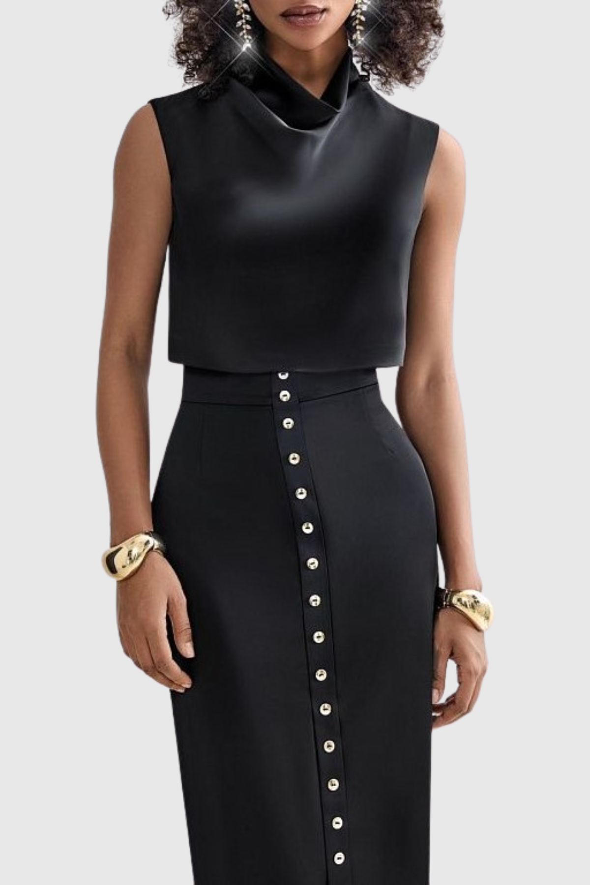 Airlie Satin Top & Buttoned Skirt Set - Black