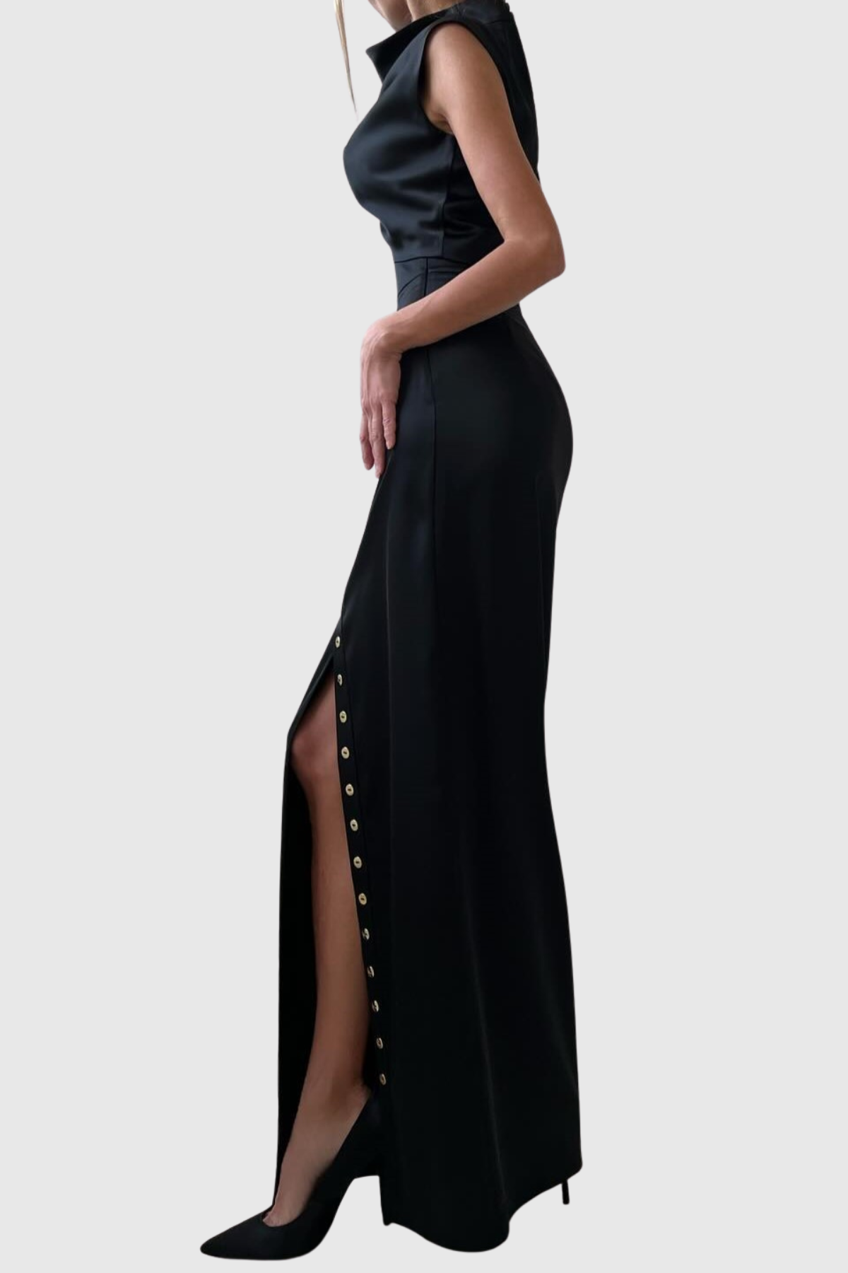 Airlie Satin Top & Buttoned Skirt Set - Black