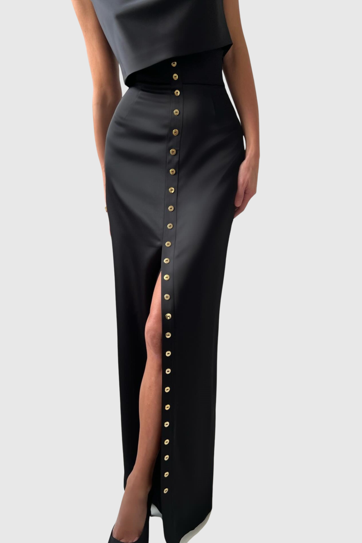 Airlie Satin Top & Buttoned Skirt Set - Black
