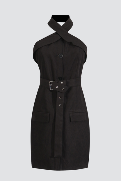 Aisling Cross Halter Buckle Mini Dress
