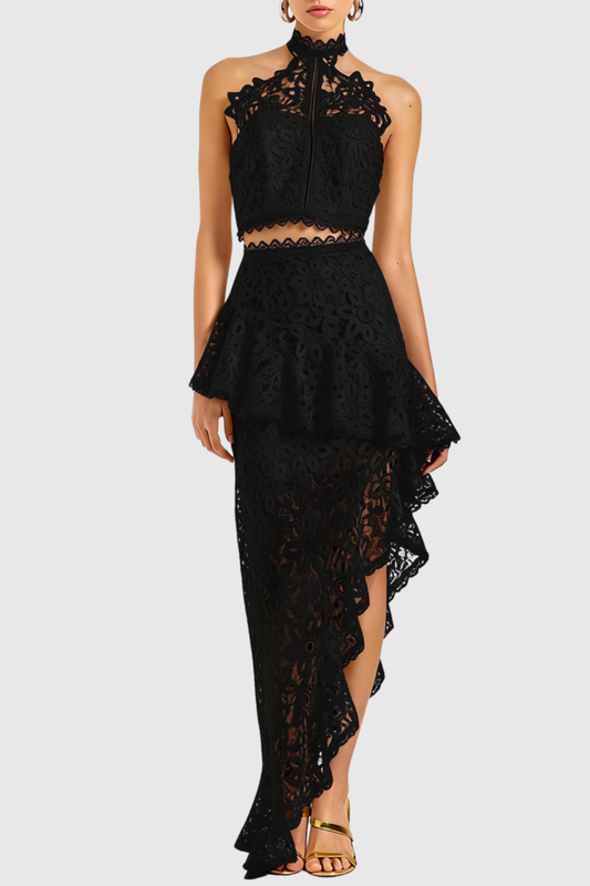 Aizen Floral Lace Top & Midi Skirt Set - Black
