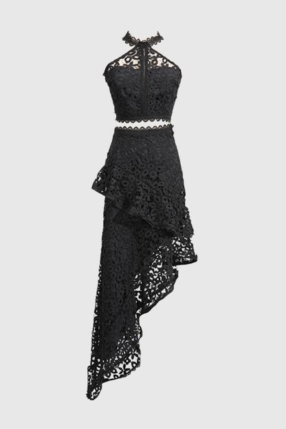Aizen Floral Lace Top & Midi Skirt Set - Black