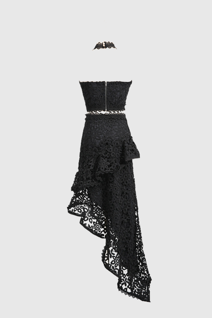 Aizen Floral Lace Top & Midi Skirt Set - Black