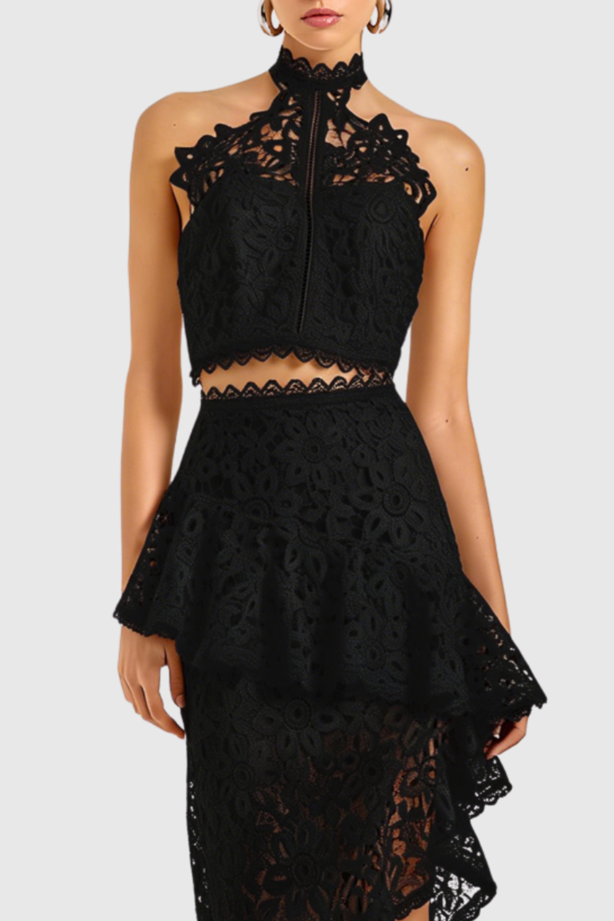 Aizen Floral Lace Top & Midi Skirt Set - Black
