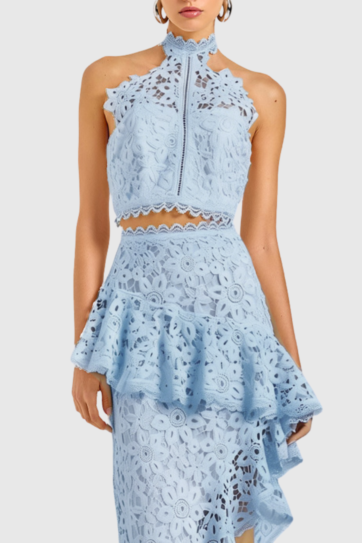 Aizen Floral Lace Top & Midi Skirt Set - Blue