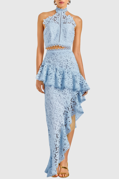 Aizen Floral Lace Top & Midi Skirt Set - Blue