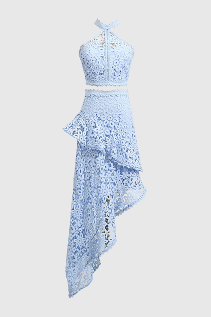 Aizen Floral Lace Top & Midi Skirt Set - Blue