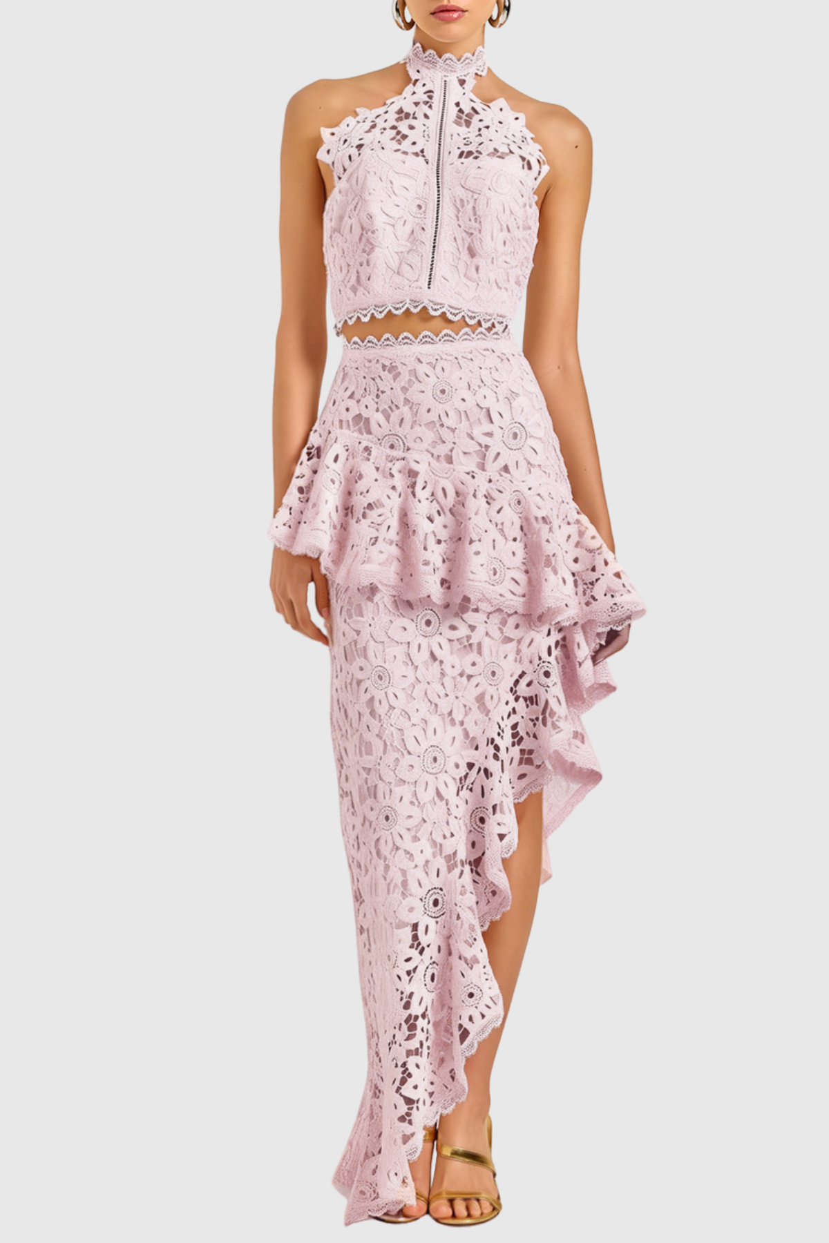 Aizen Floral Lace Top & Midi Skirt Set - Pink