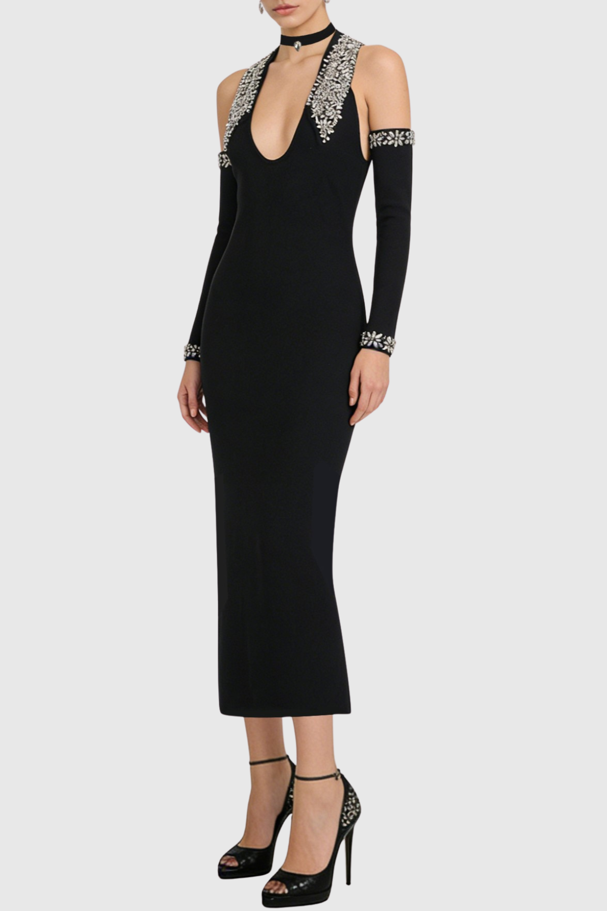 Akasha Halter Crystal Embellished Midi Bandage Dress