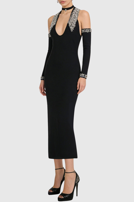 Akasha Halter Crystal Embellished Midi Bandage Dress