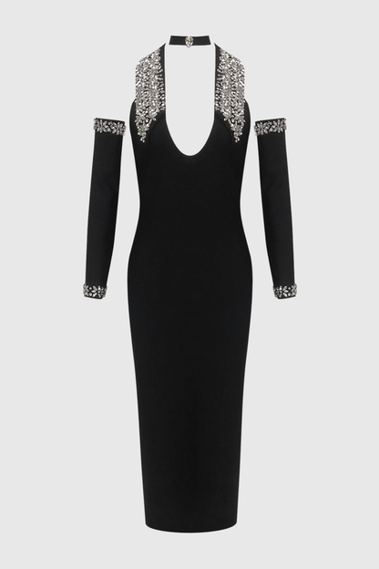 Akasha Halter Crystal Embellished Midi Bandage Dress