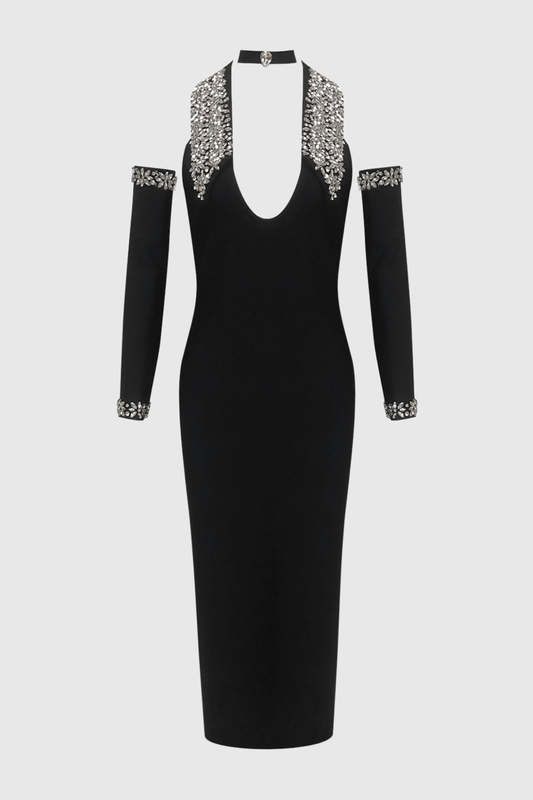 Akasha Halter Crystal Embellished Midi Bandage Dress
