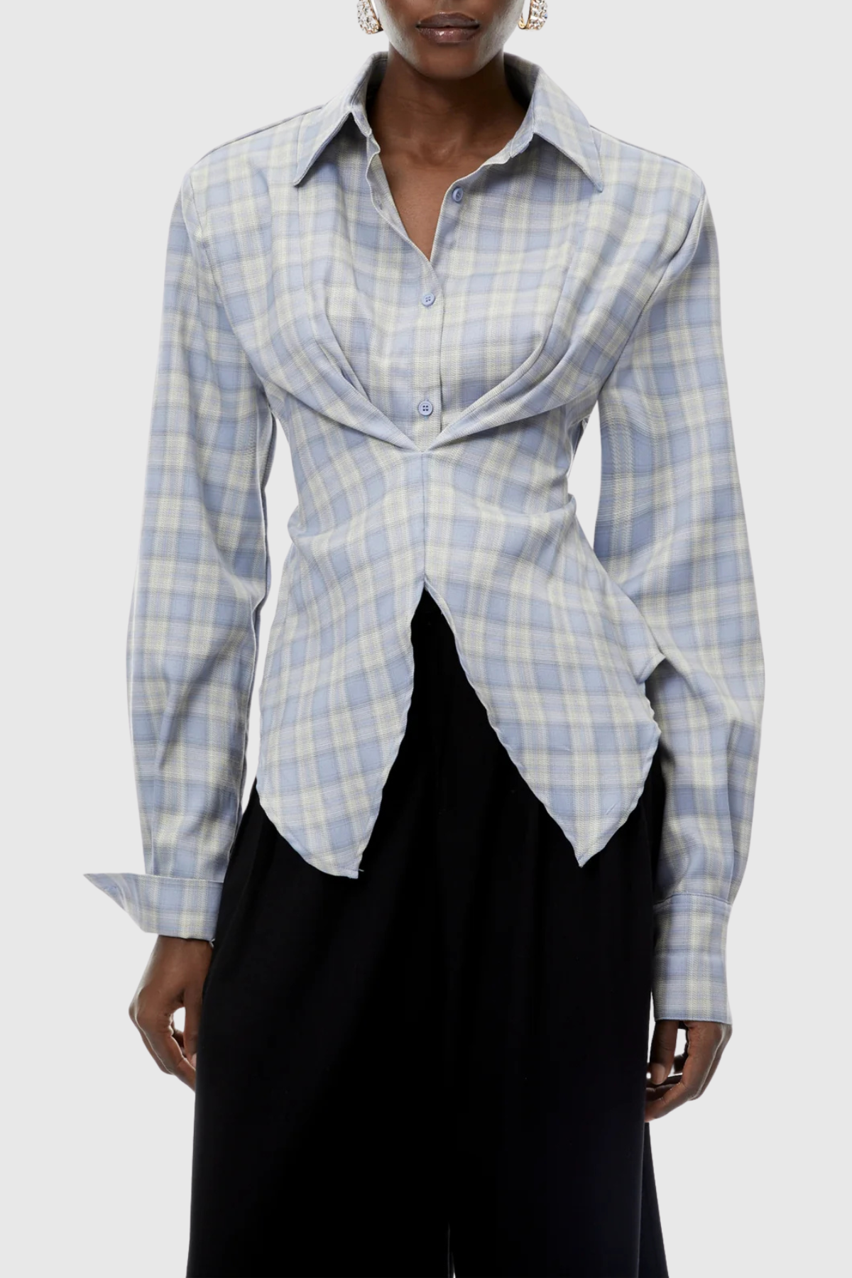 Akiko Plaid Cutout Blouse - Blue