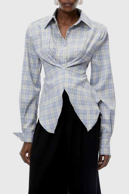 Akiko Plaid Cutout Blouse - Blue
