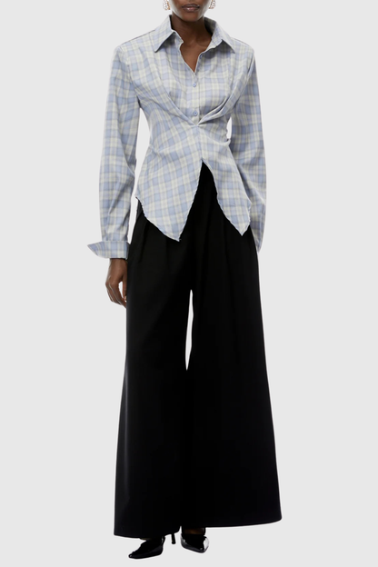 Akiko Plaid Cutout Blouse - Blue