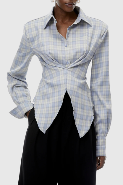 Akiko Plaid Cutout Blouse - Blue