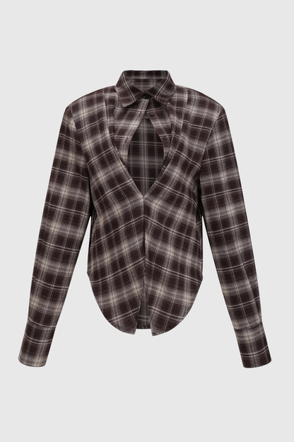 Akiko Plaid Cutout Blouse - Brown