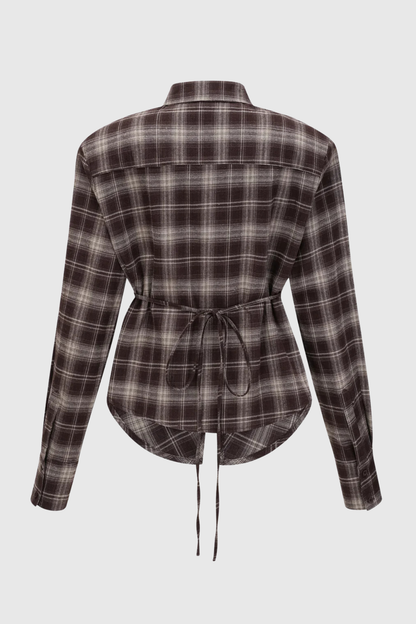 Akiko Plaid Cutout Blouse - Brown