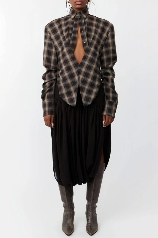 Akiko Plaid Cutout Blouse - Brown