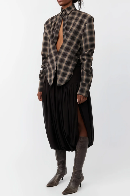 Akiko Plaid Cutout Blouse - Brown