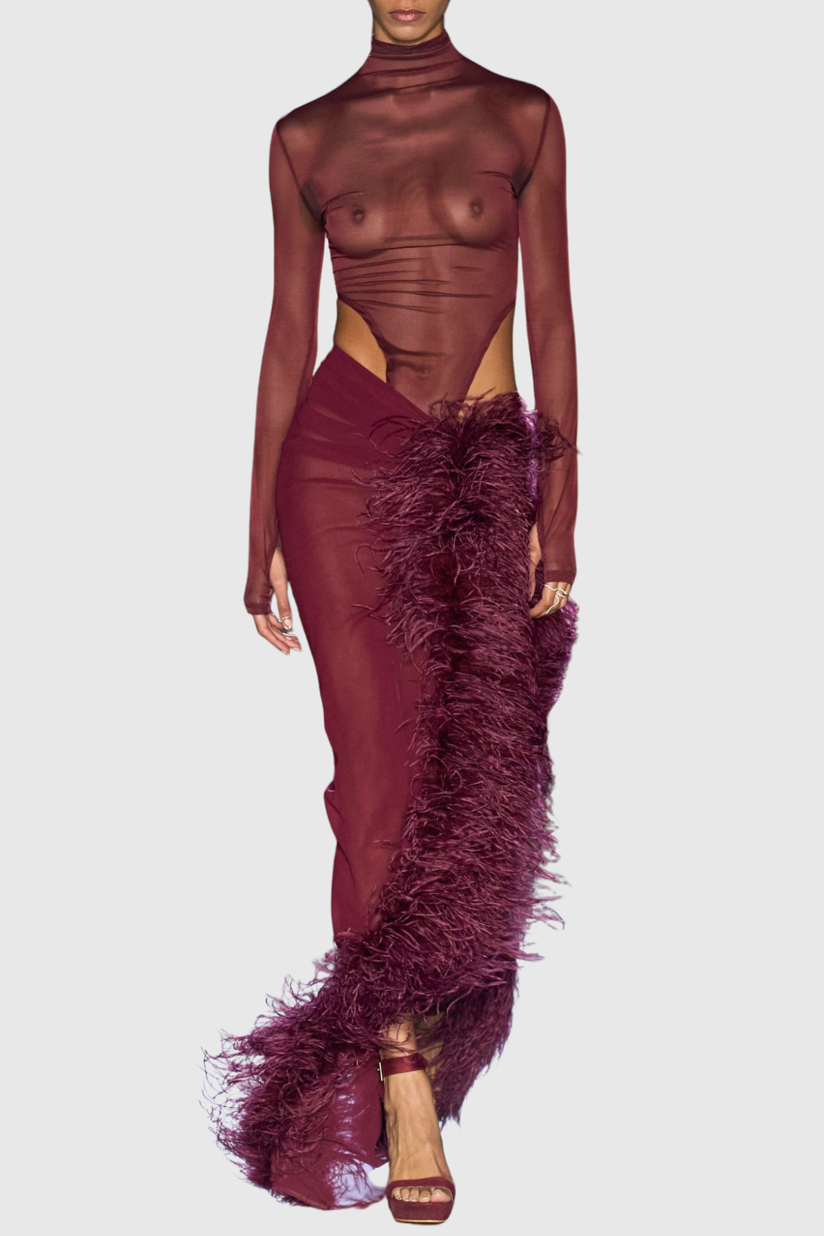 Akilah Mesh Bodysuit & Faux Fur Skirt Set - Wine