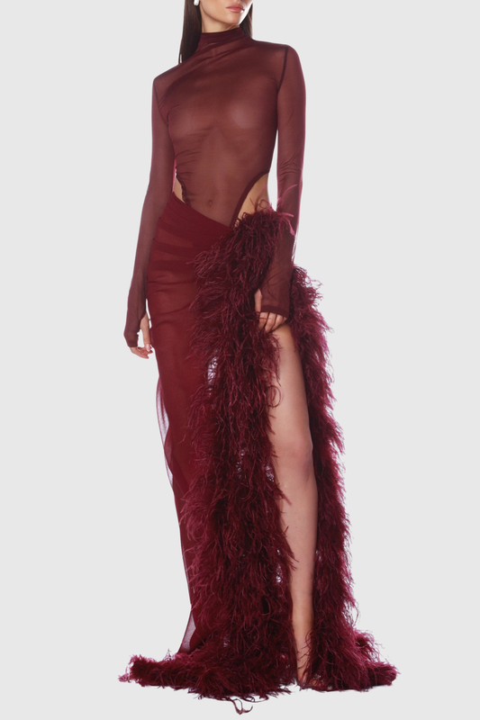 Akilah Mesh Bodysuit & Faux Fur Skirt Set - Wine