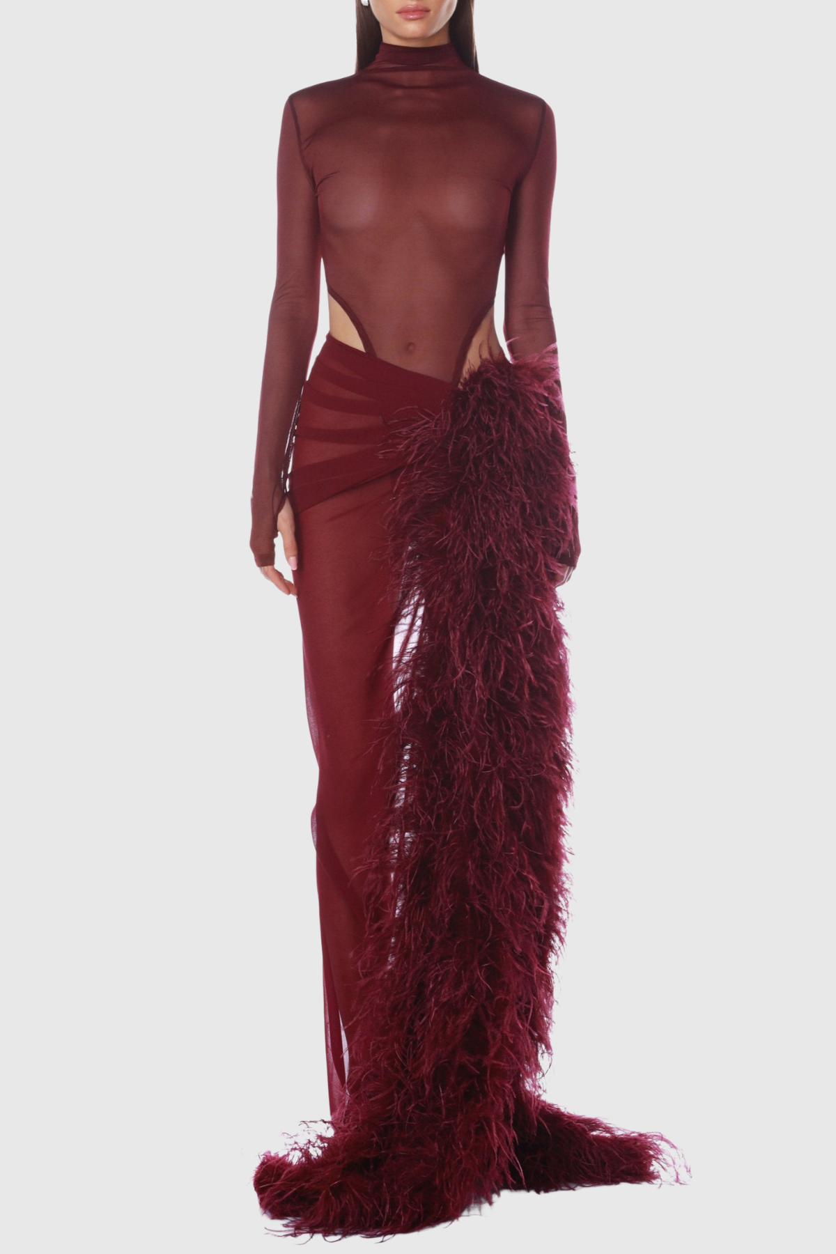 Akilah Mesh Bodysuit & Faux Fur Skirt Set - Wine