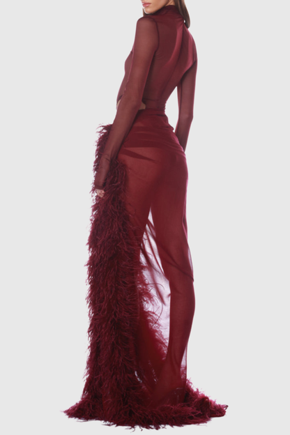 Akilah Mesh Bodysuit & Faux Fur Skirt Set - Wine