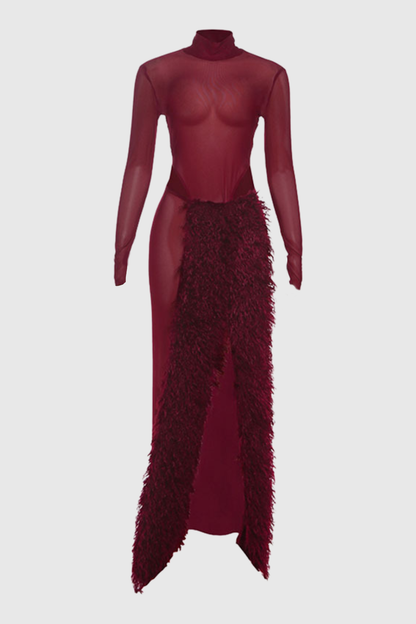 Akilah Mesh Bodysuit & Faux Fur Skirt Set - Wine