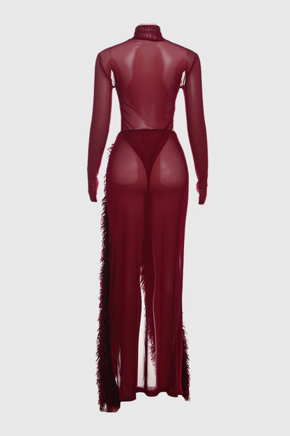 Akilah Mesh Bodysuit & Faux Fur Skirt Set - Wine