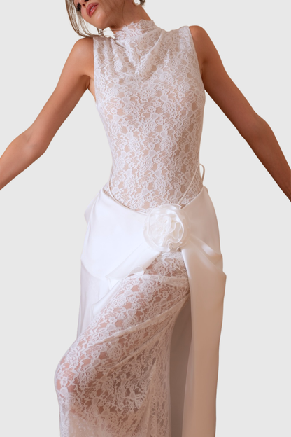 Akiva Lace Floral Sleeveless Draped Maxi Dress