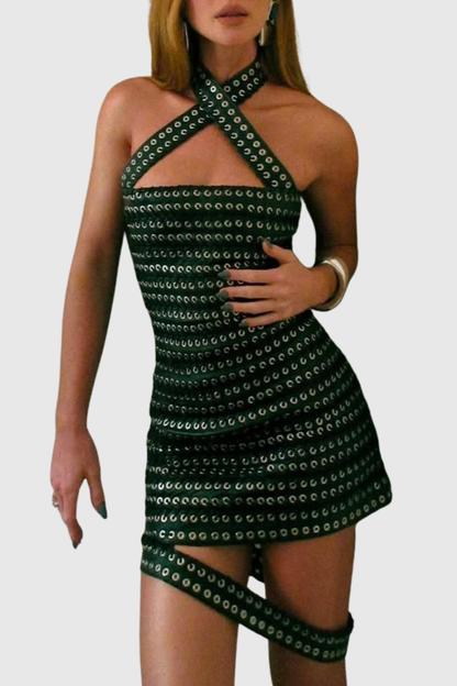 Alara Halter Eyelet Embellished Mini Dress