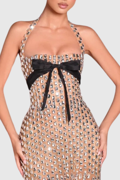 Alayna Halter Rhinestone Bow Embellished Mini Dress