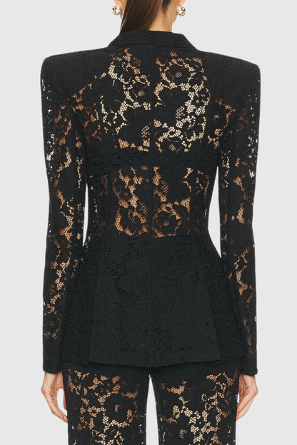 Albany Floral Lace Blazer & Pants Set - Black