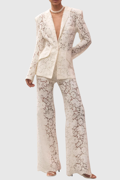 Albany Floral Lace Blazer & Pants Set - White