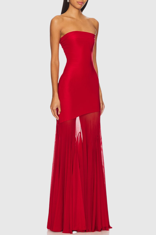 Alberto Strapless Mesh Maxi Dress - Red