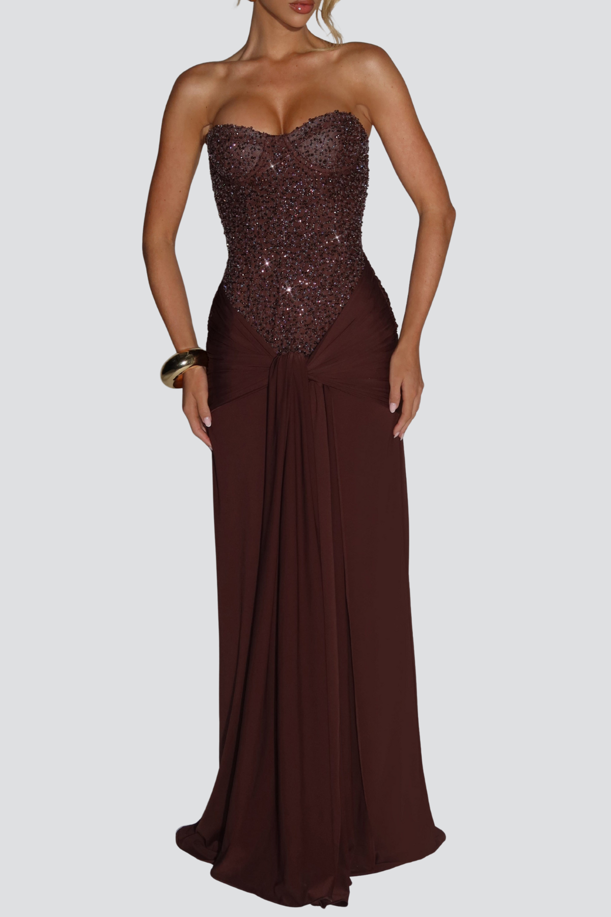 Albie Sequin Strapless Ruched Maxi Dress - Brown