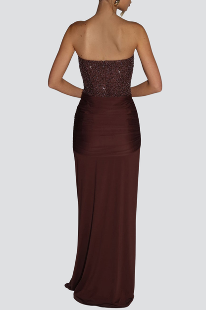 Albie Sequin Strapless Ruched Maxi Dress - Brown