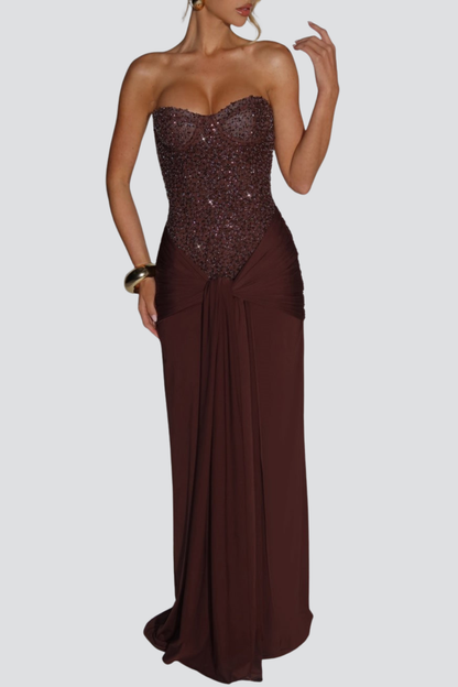 Albie Sequin Strapless Ruched Maxi Dress - Brown